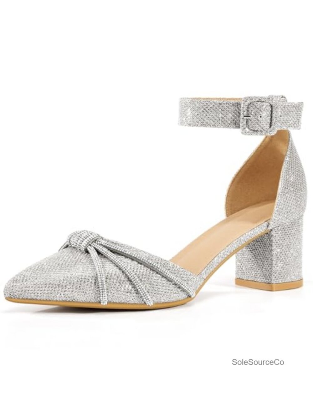 2.3-Inch Chunky Block Heel Pointed Toe Pumps with Rhinestone & Adjustable Ankle